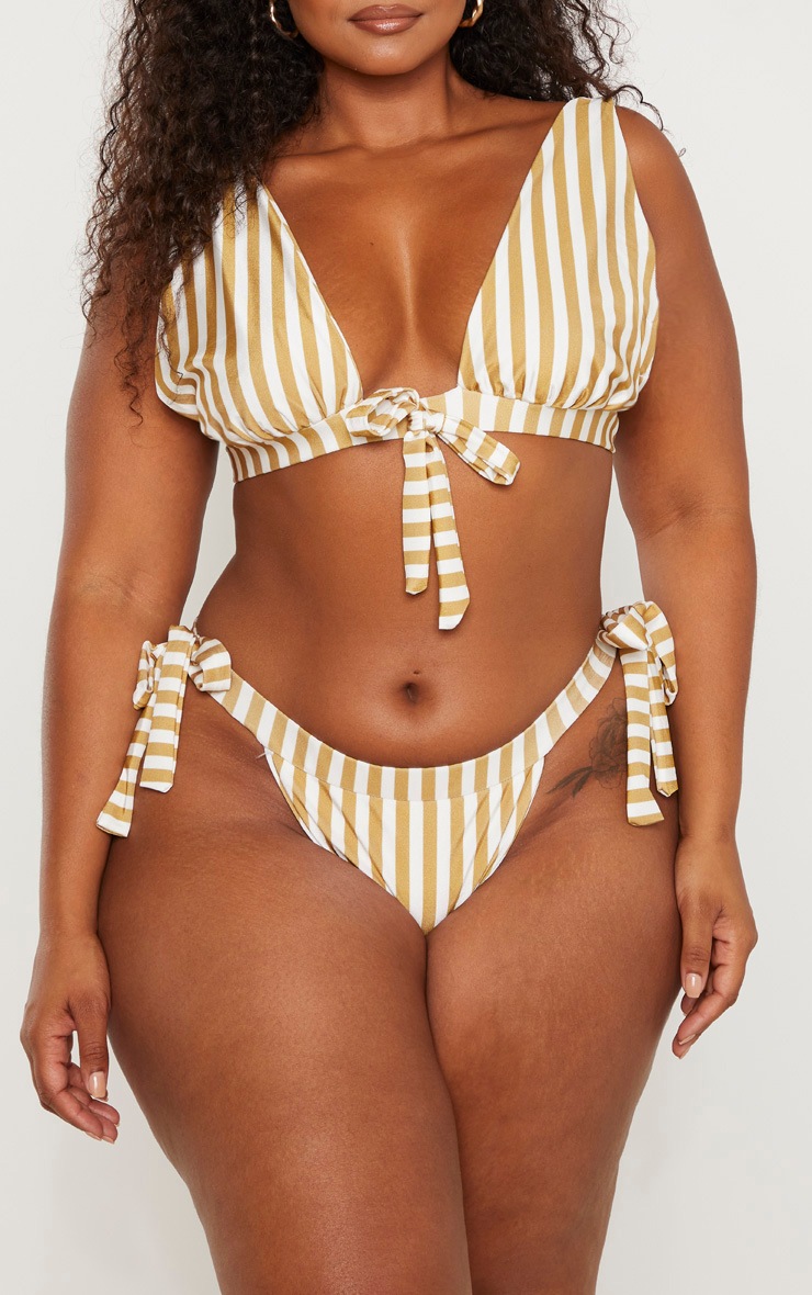 Plus Mustard Striped Bow Side Bikini Bottom