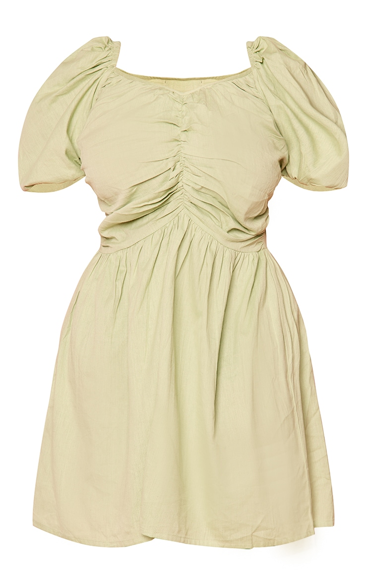 Plus Sage Green Linen Look Puff Sleeve Dress image 5