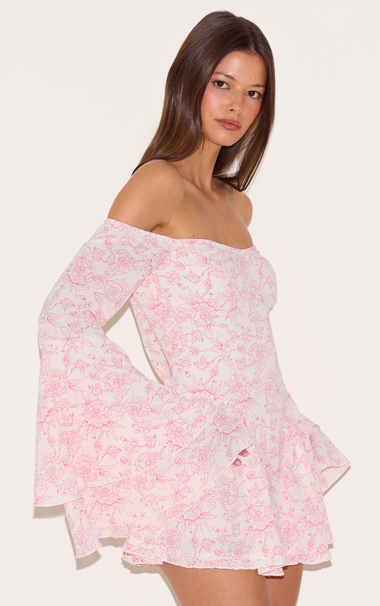 Pink Ditsy Print Bardot Flare Sleeve Playsuit image 4