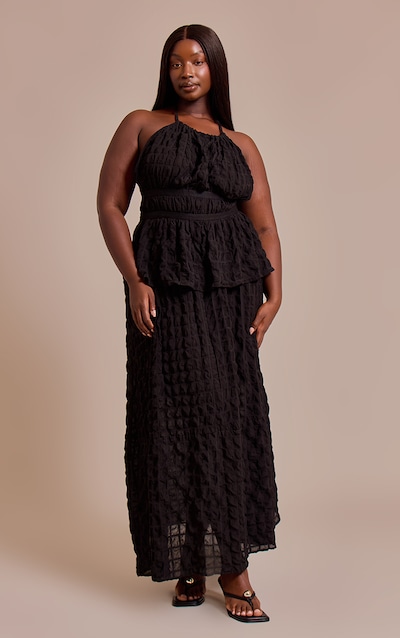 Plus Black Textured Shirred Maxi Skirt