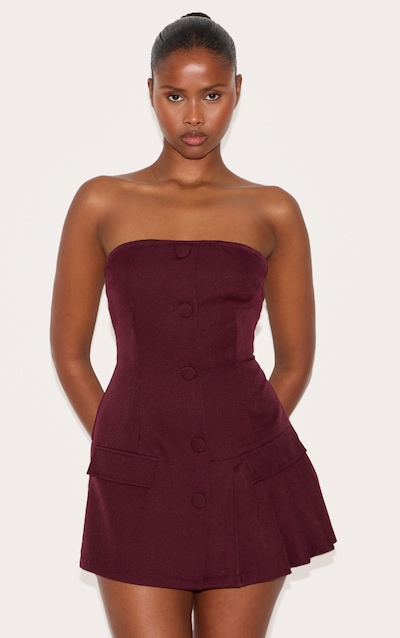 Wine Tailored Pleat Detail Bandeau Romper