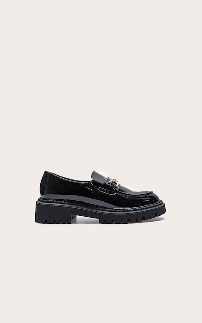 Black PU Round Toe Chunky Sole Chain Loafers