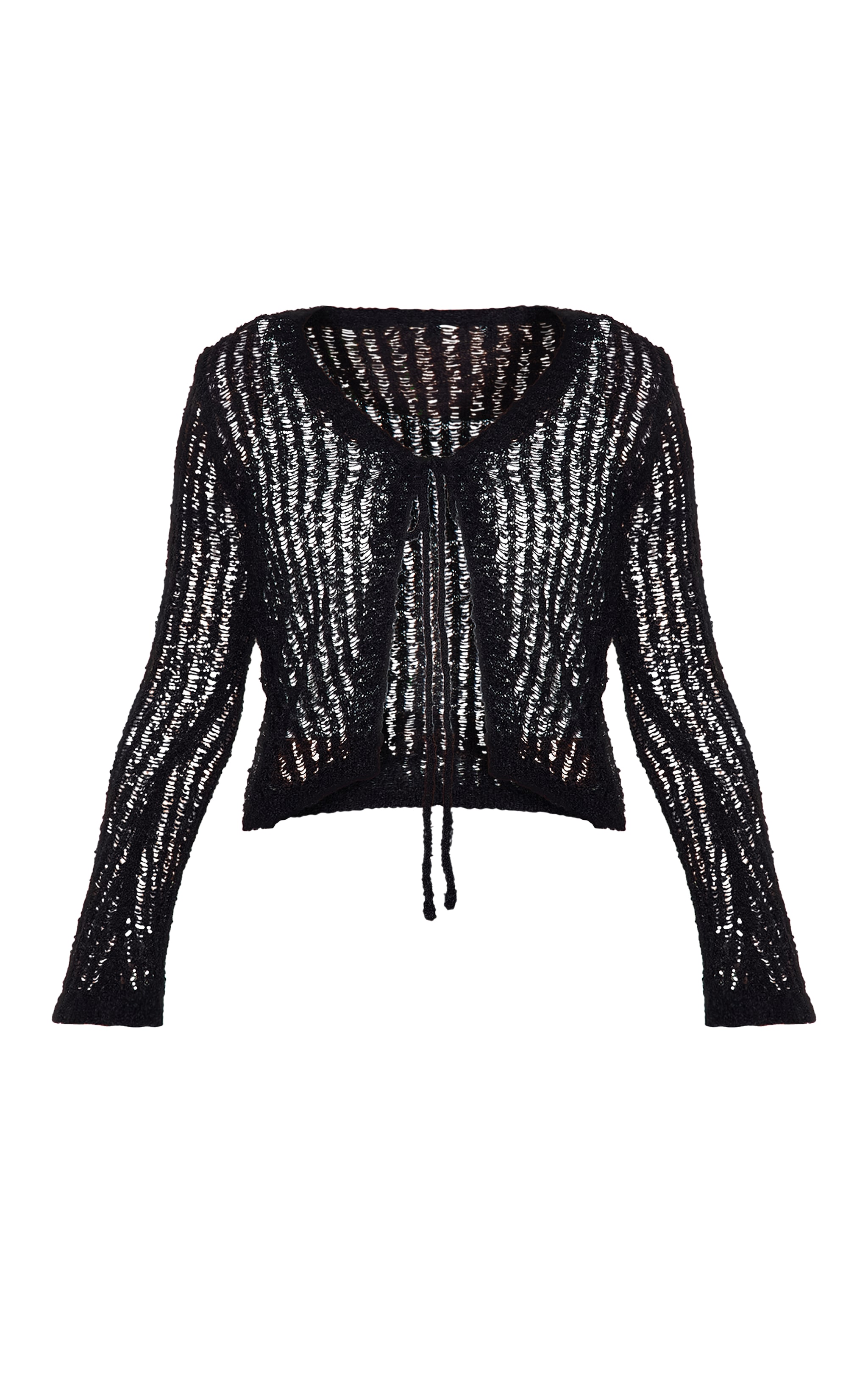 Black Ladder Knit Sheer Cropped Tie Front Top image 5