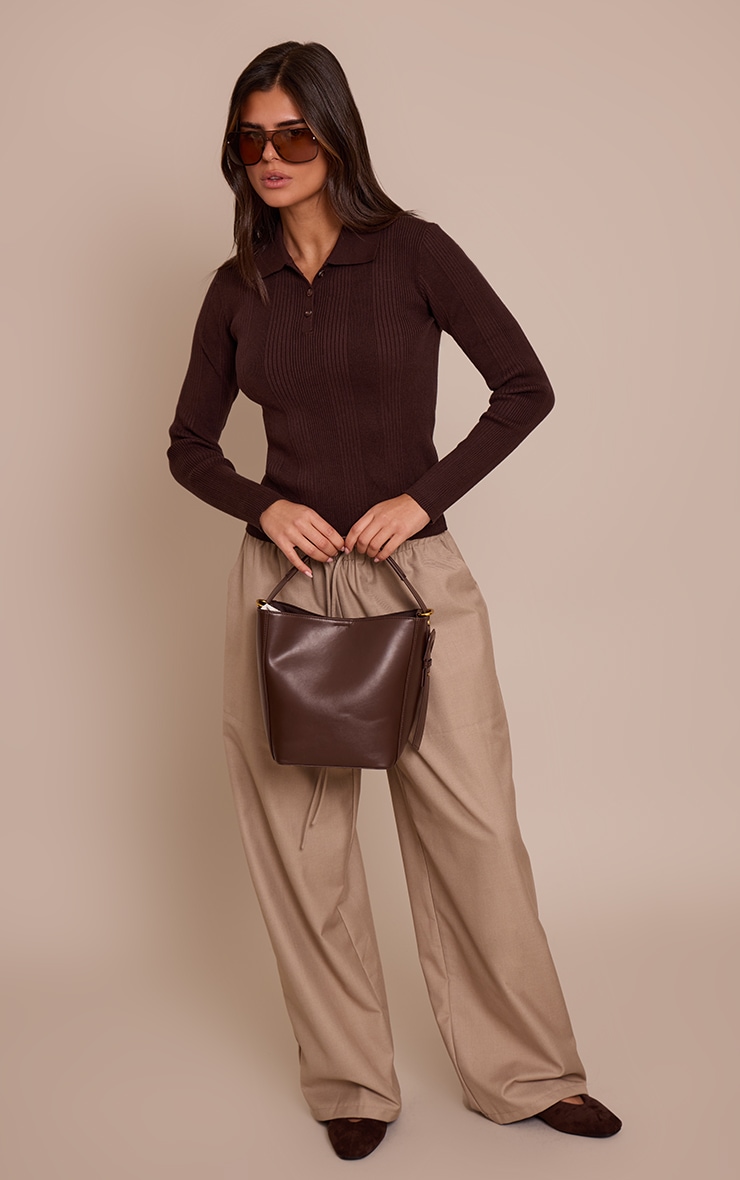 Chocolate Ribbed Knit Long Sleeved Polo Top image 3