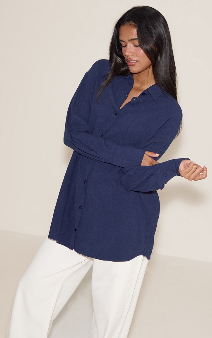 Navy Linen Look Boxy Oversized Shirt image 4