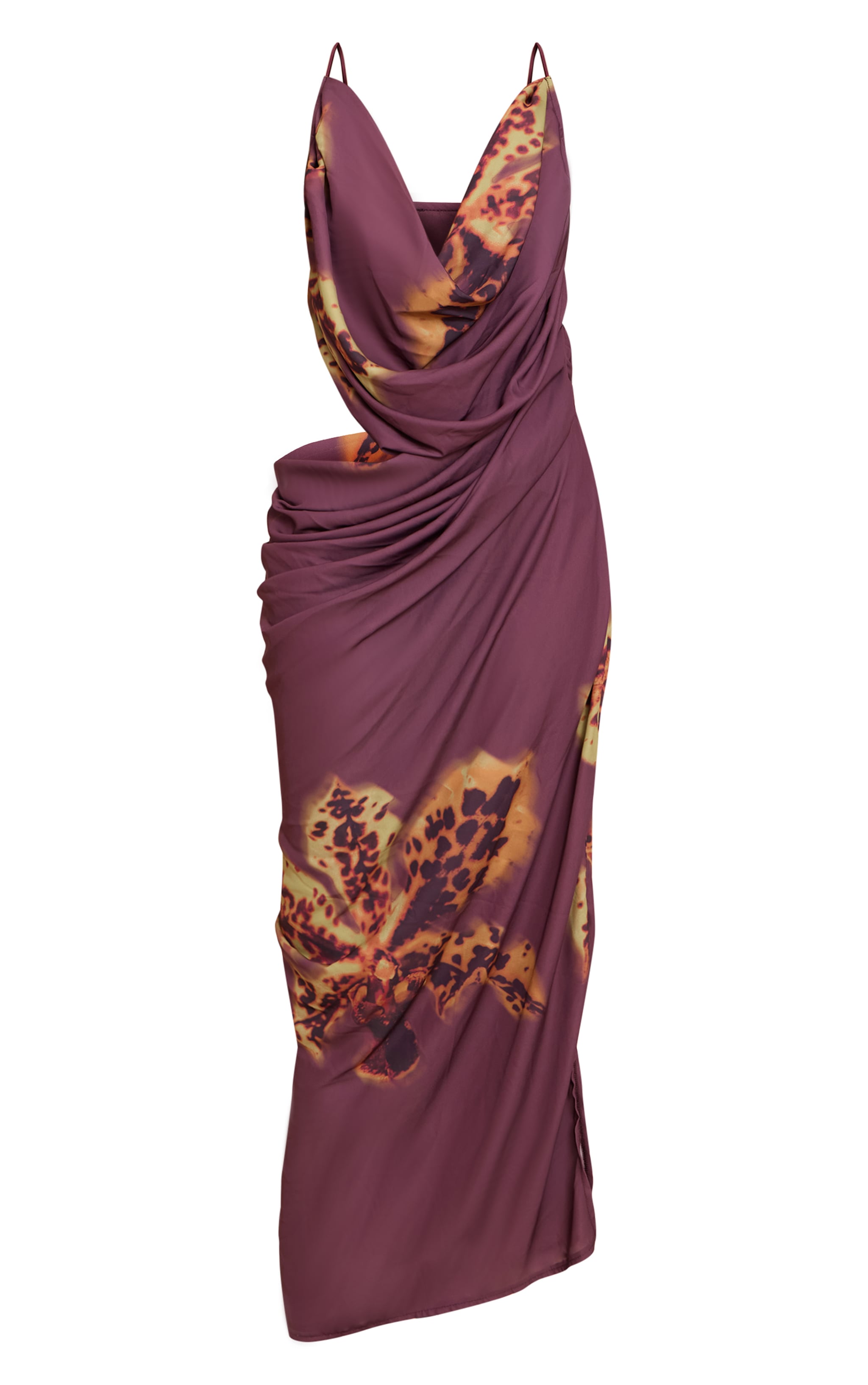 Purple Floral Chiffon Drape Cut Out Midaxi Dress image 5