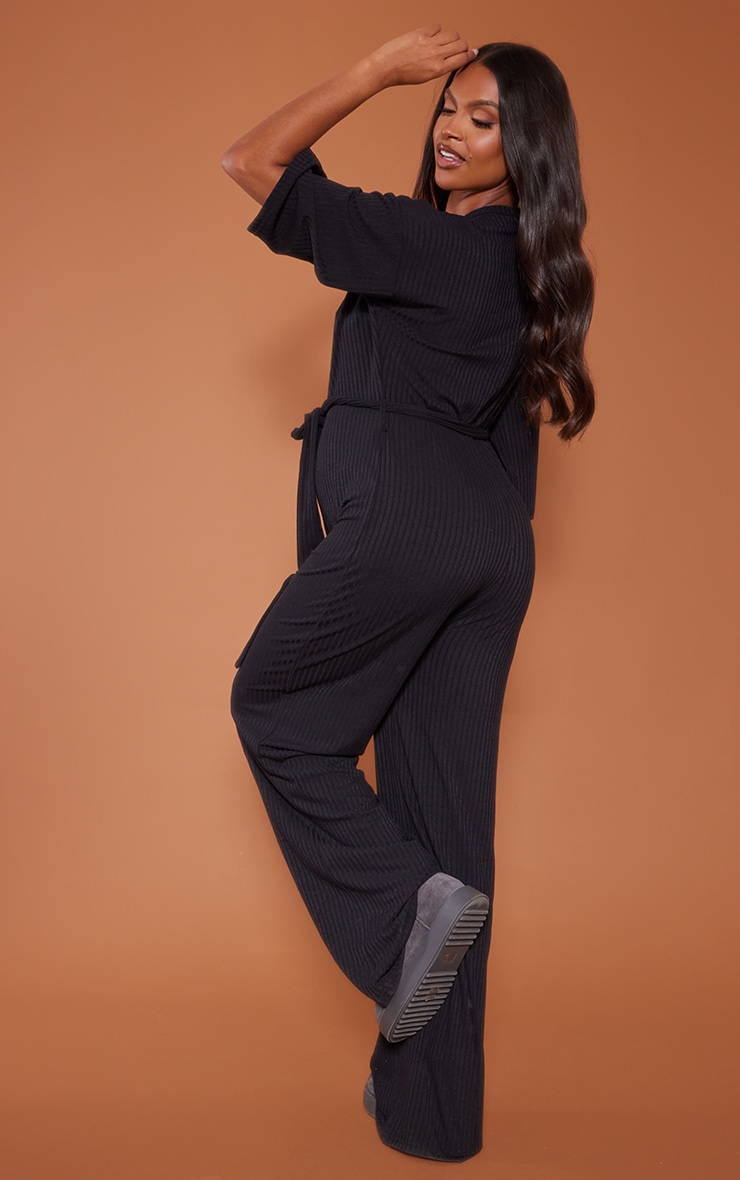 Maternity Black Ribbed Tie Waist Flared Jumpsuit image 2