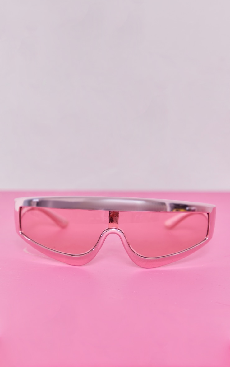 Pink Curved Metallic Frame Visor Sunglasses image 3