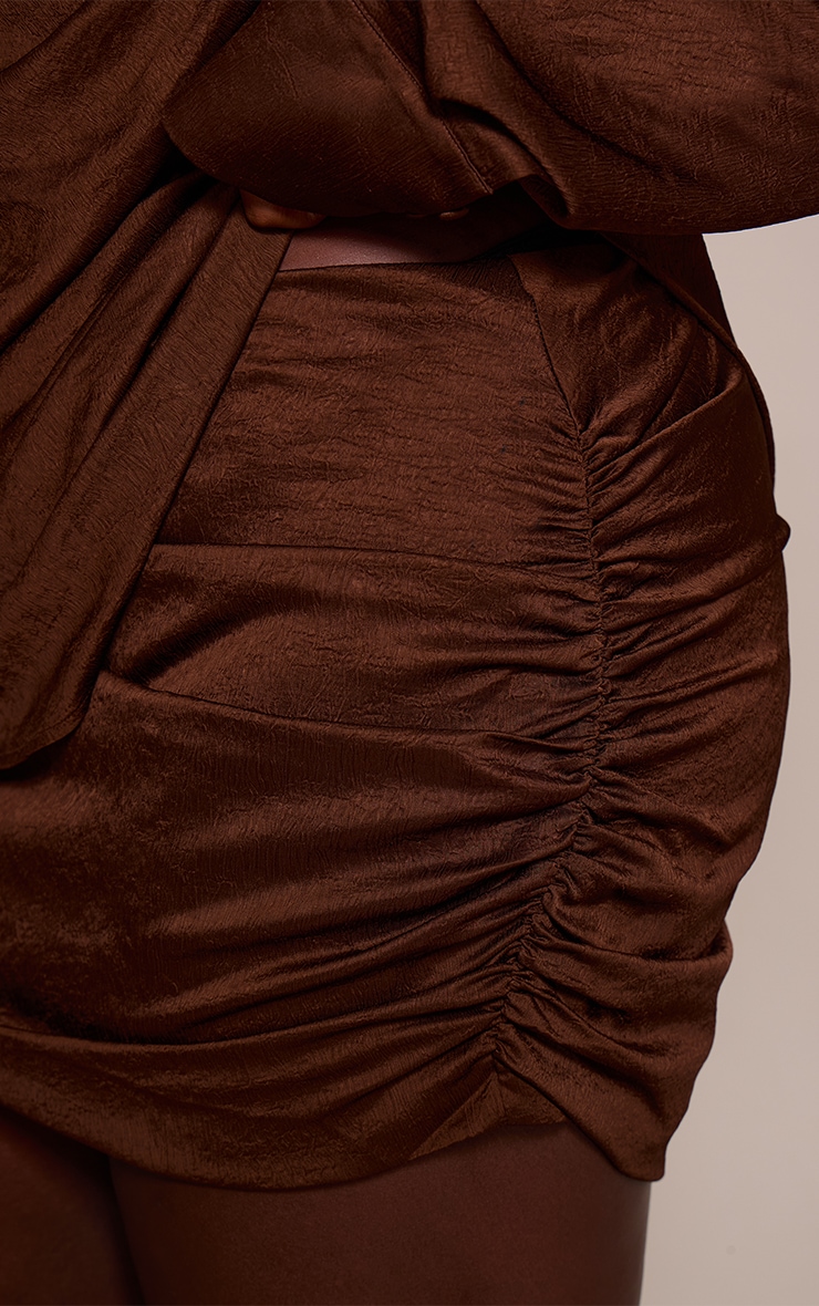 Plus Brown Textured Satin Ruched Mini Skirt image 5