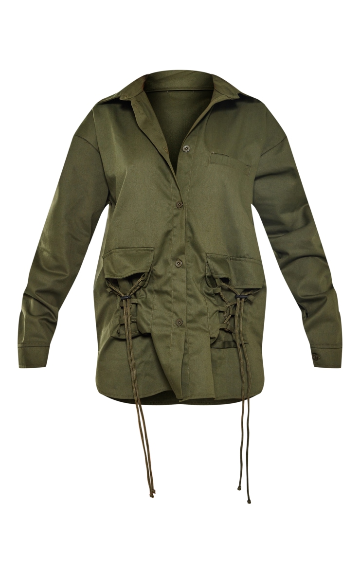 Khaki Twill Oversized Lace Pocket Detail Shirt Dress image 5