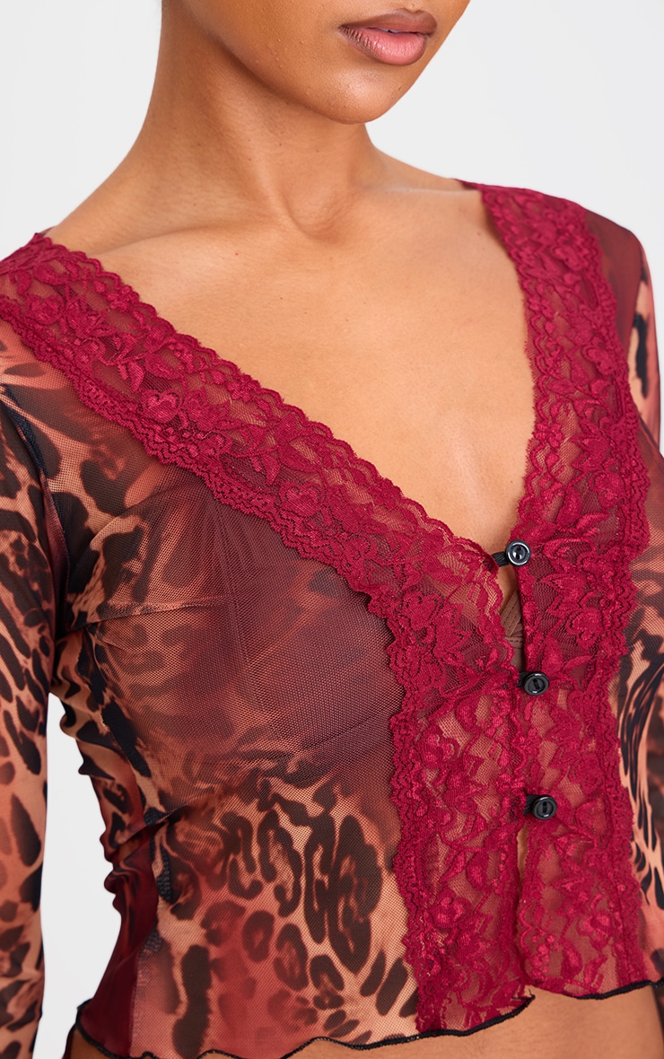 Brown Sheer Leopard Print Lace Button Up Top image 4