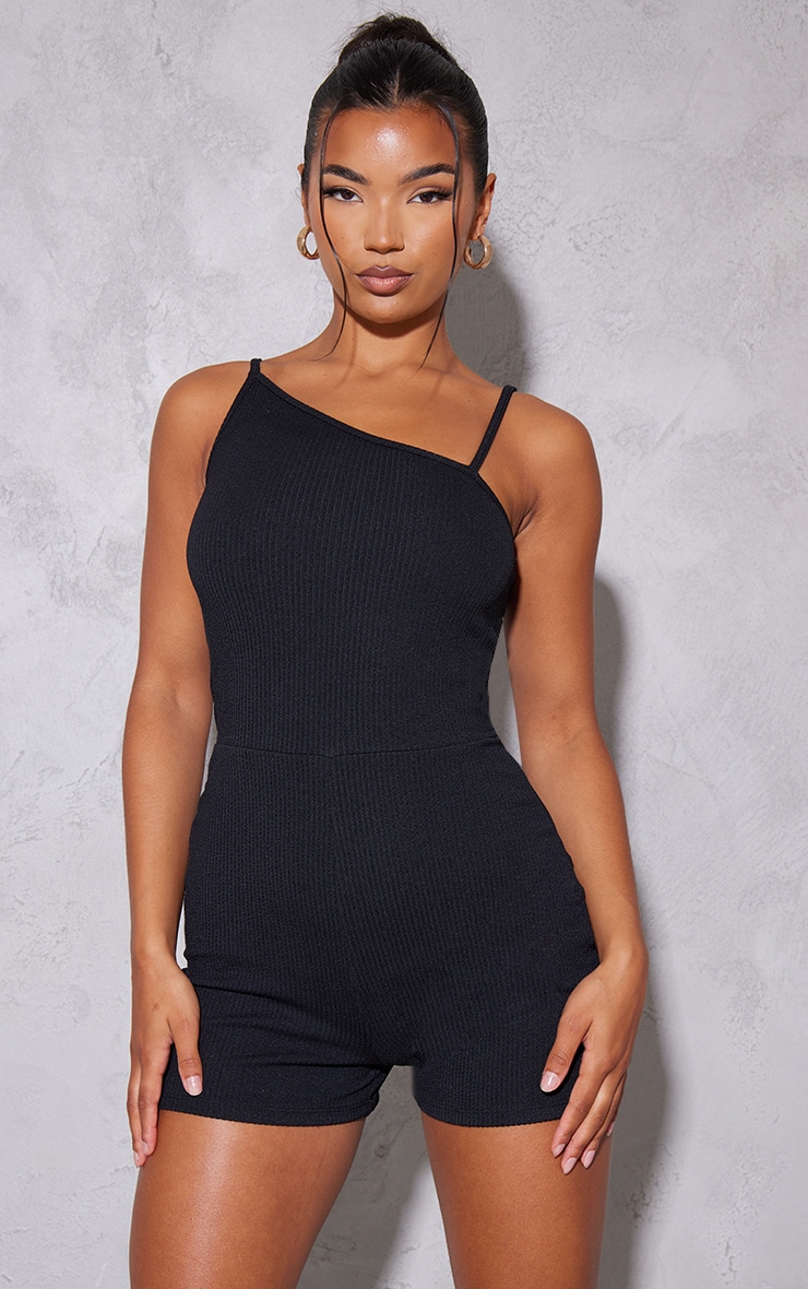 Black Crinkle Rib Asymmetric Neck Romper image 3