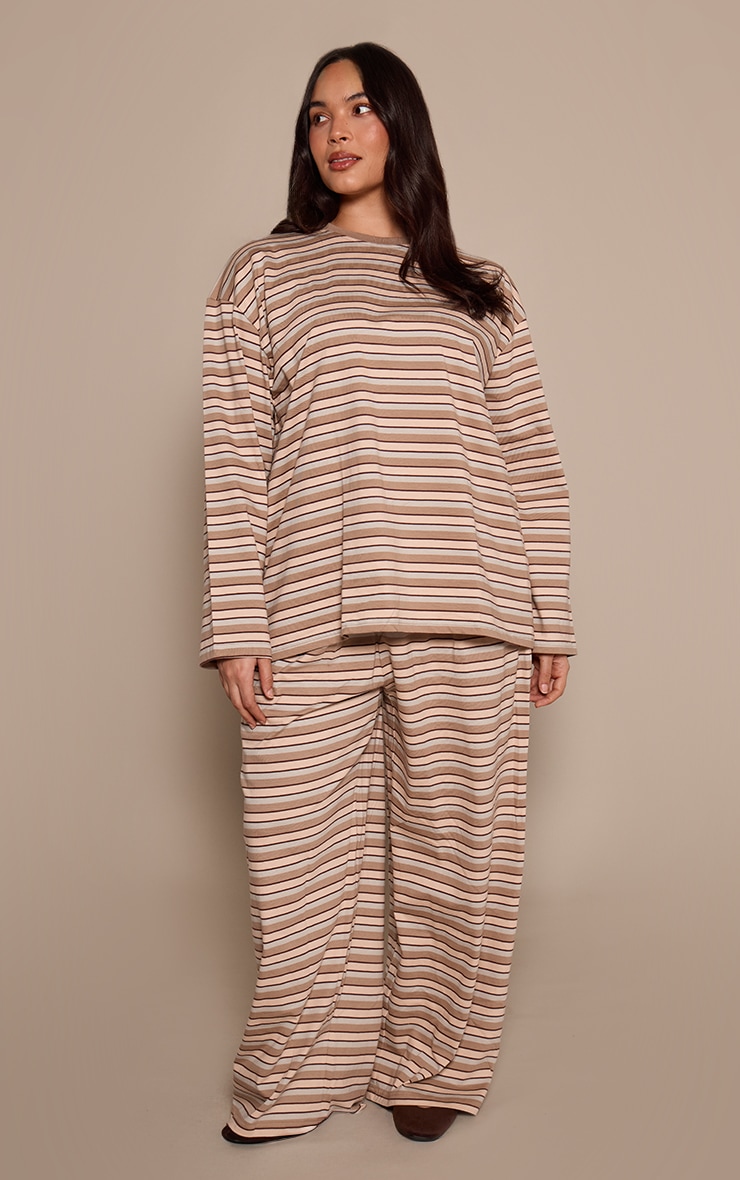 Plus Light Brown Striped Wide Leg Drawstring Trousers image 2