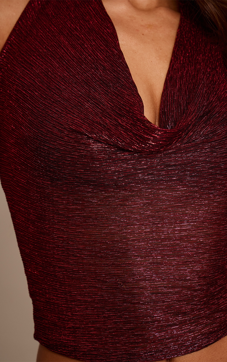 Dark Wine Shimmer Pleated Cowl Neck Top image 4