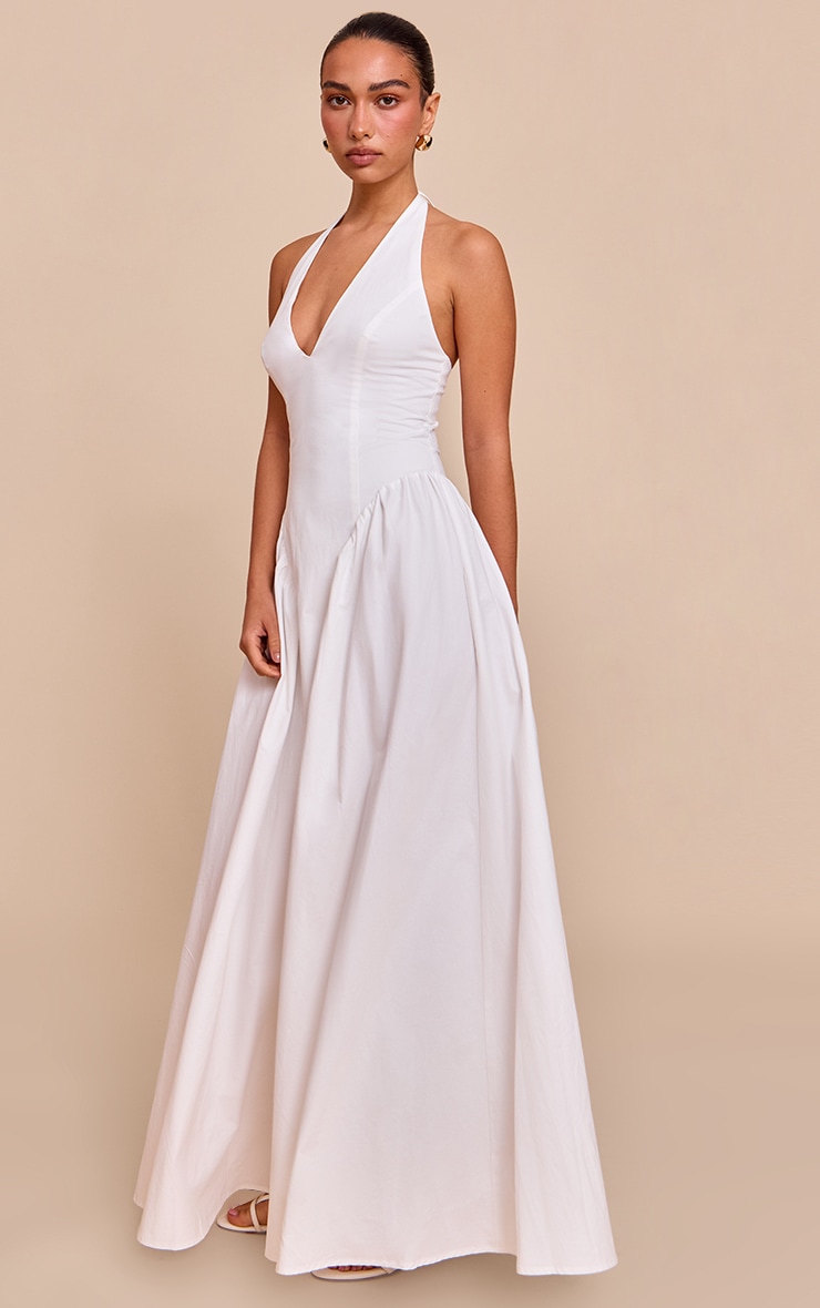 White Woven Halterneck Plunge Midaxi Dress image 3