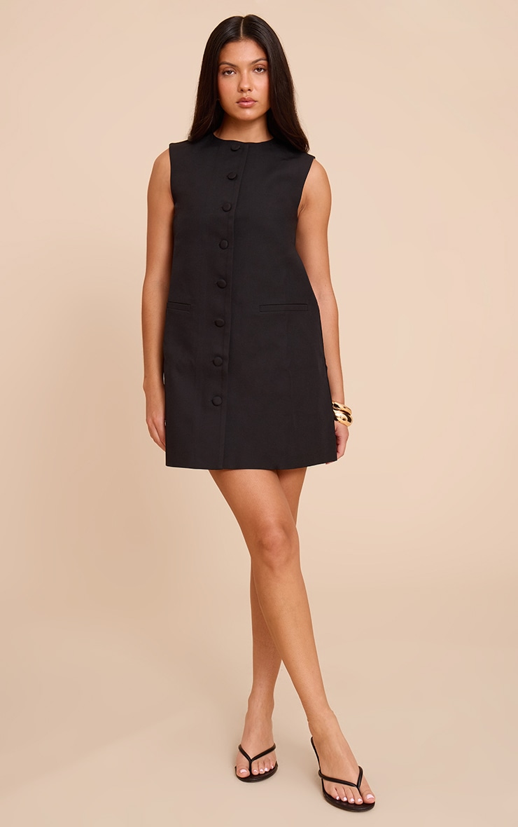 Black Tailored Woven Button Down A Line Mini Dress image 3