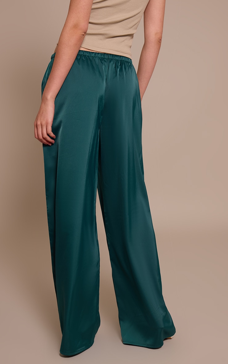 Emerald Green Satin Low Rise Wide Leg Drawstring Pants image 3