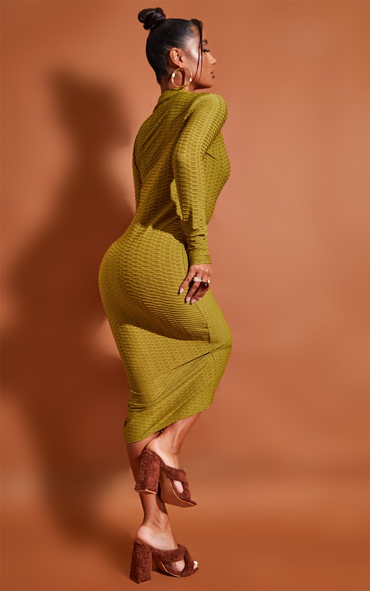 Olive Textured Long Sleeve Button Down Midi Shirt Dress image 2