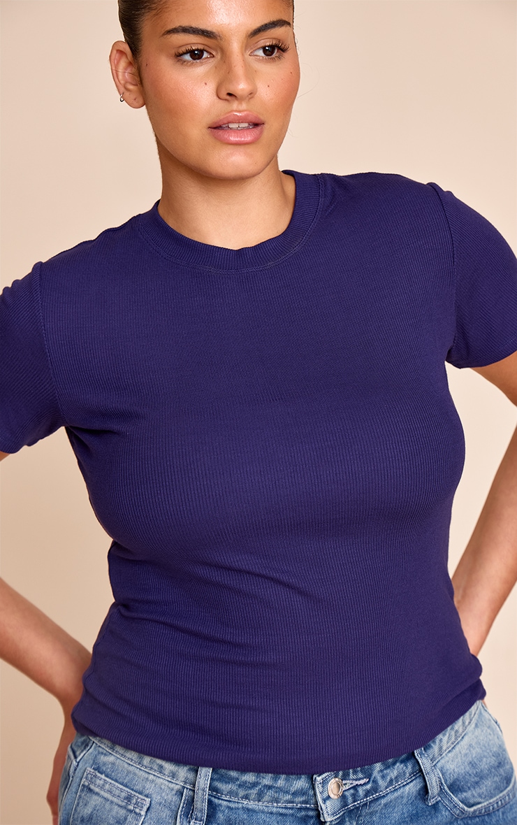 Plus Indigo Blue Soft Rib Crew Neck Short Sleeve Top image 1