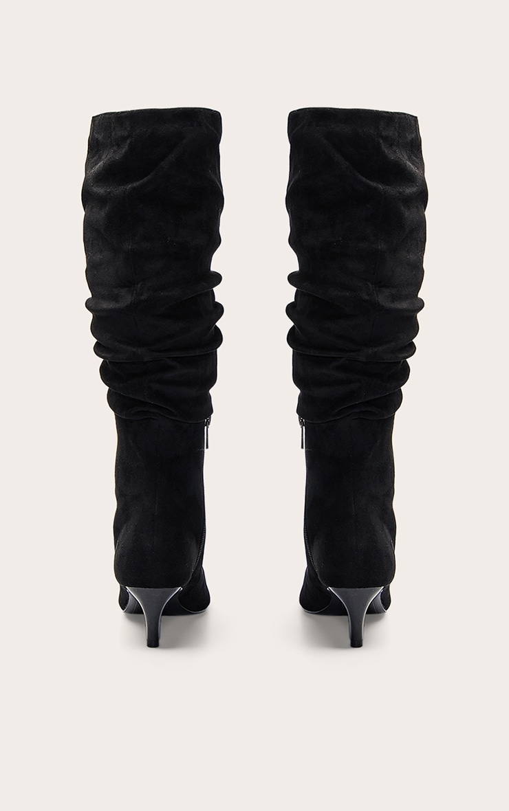 Black Faux Leather Heeled Knee High Scrunch Boot image 4