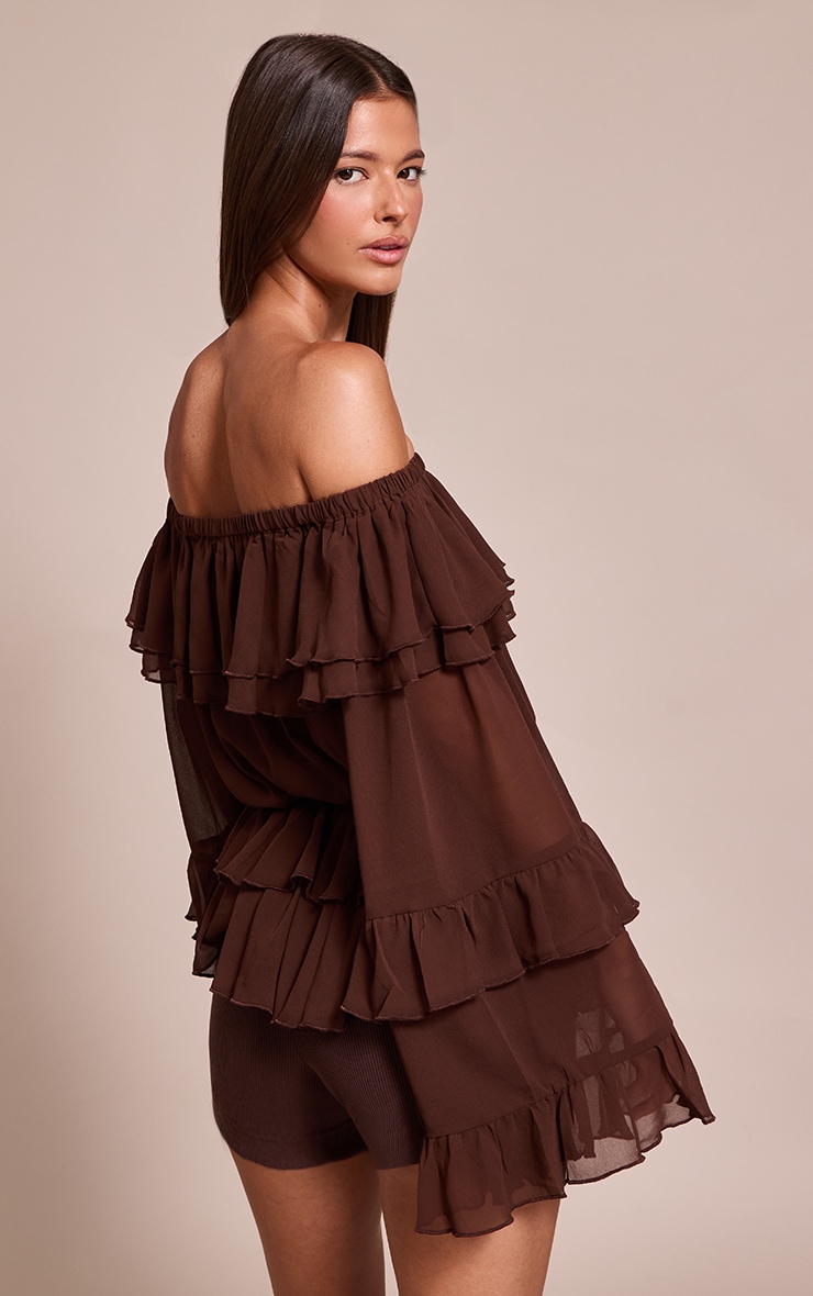 Chocolate Chiffon Tiered Ruffle Bardot Top image 2