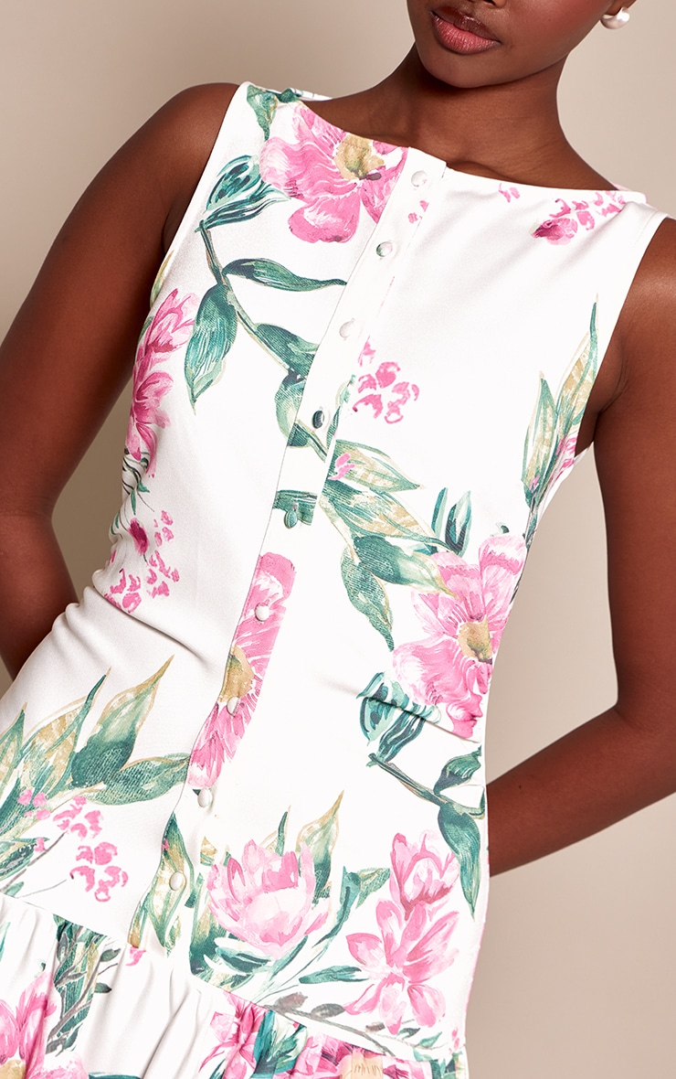 Cream Floral Woven Button Dropped Waist Maxi Dress image 4