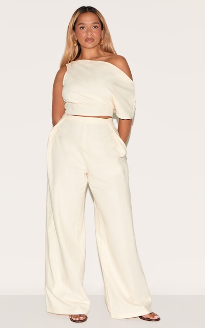 Shape Cream Linen Look Highwaisted Pleated Wide Leg Pants