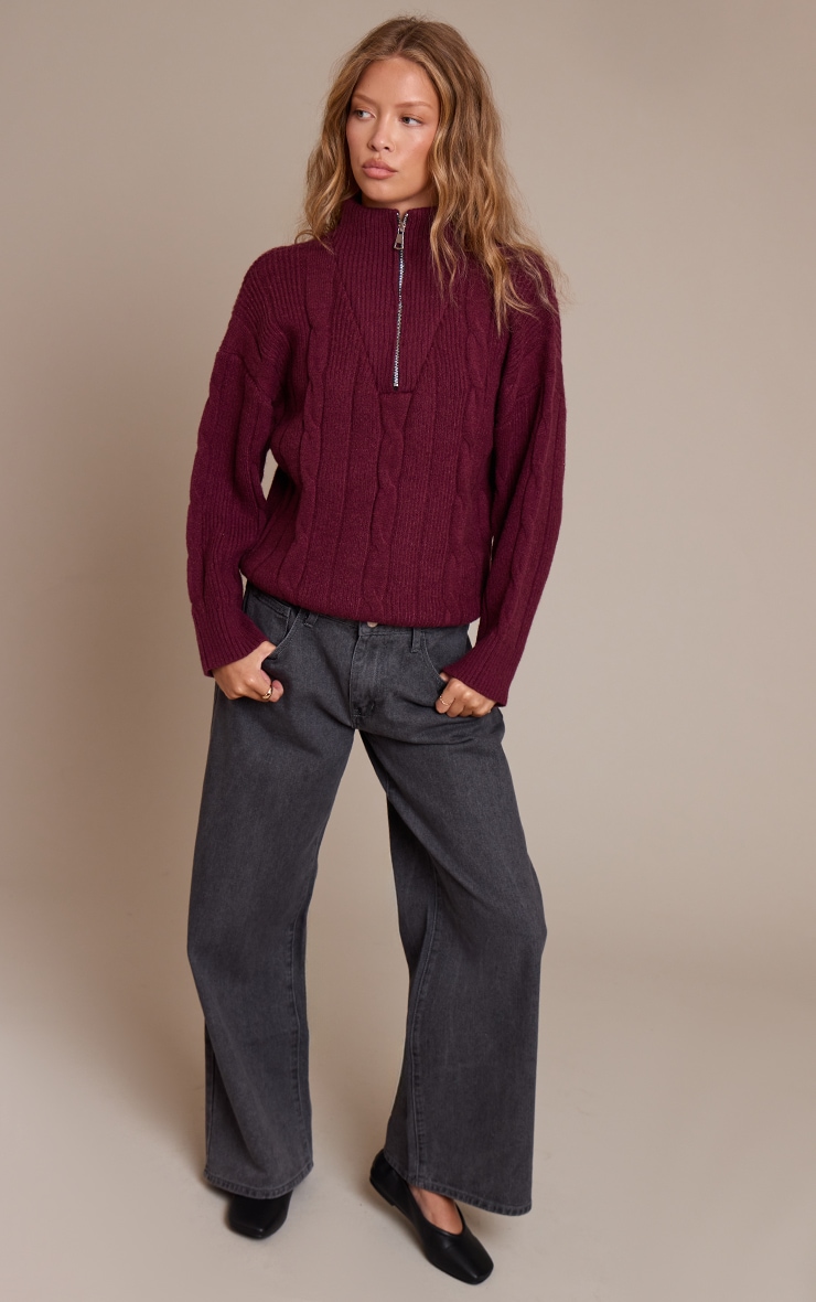 Burgundy Zip Detail Cable Knit Oversized Sweater image 3