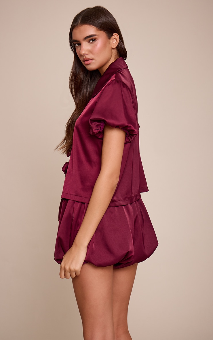 Burgundy Puffball Bow Tie Up Short Pyjamas image 2