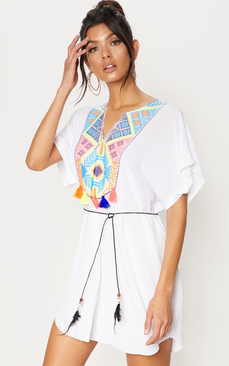 White Embroidered Front Tassel Trim Shift Dress image 1