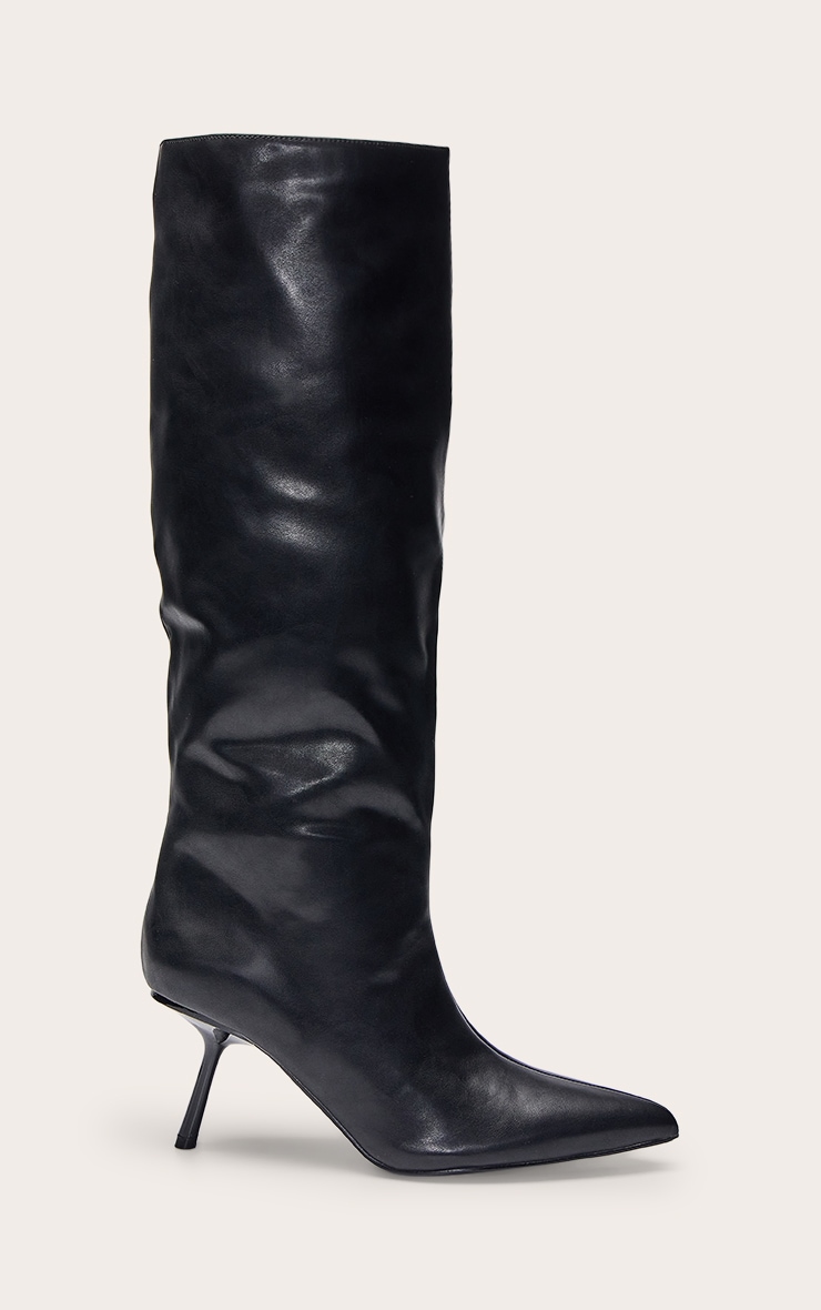 Black PU Point Toe Stiletto Knee High Boots image 2