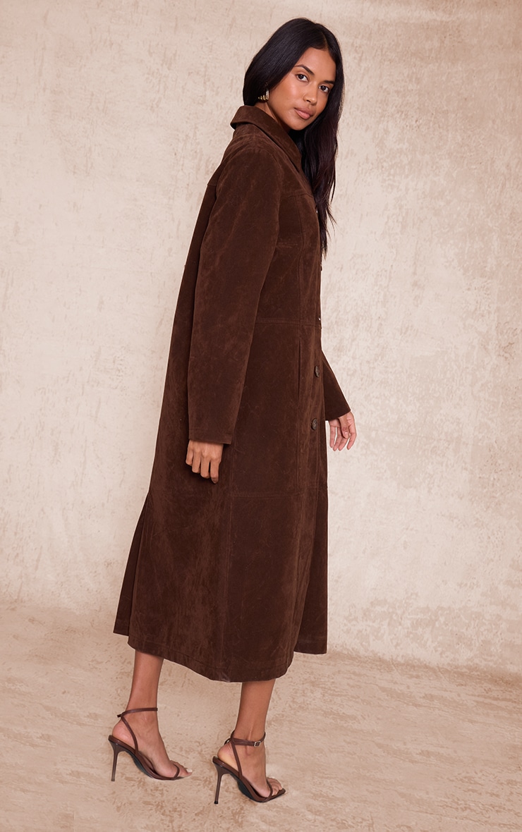 Chocolate Suede Longline Button Coat image 2