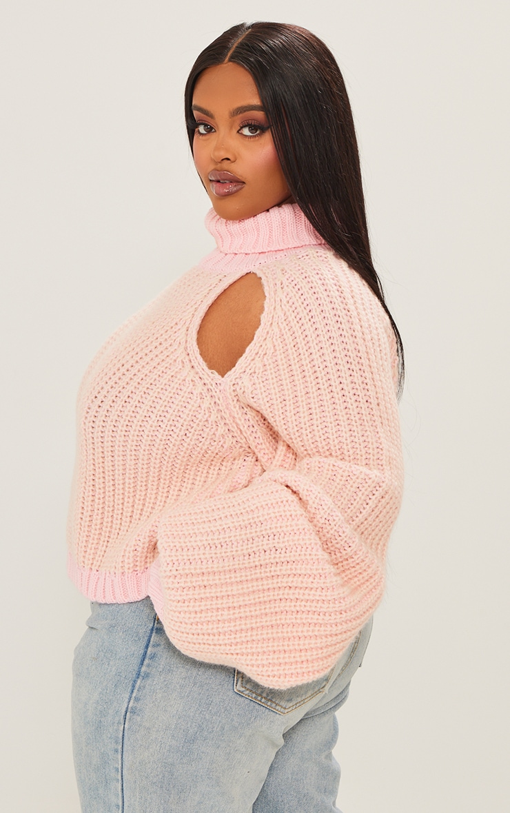 Plus Pink And Cream Knit Roll Neck Cut Out Cropped Sweater image 2