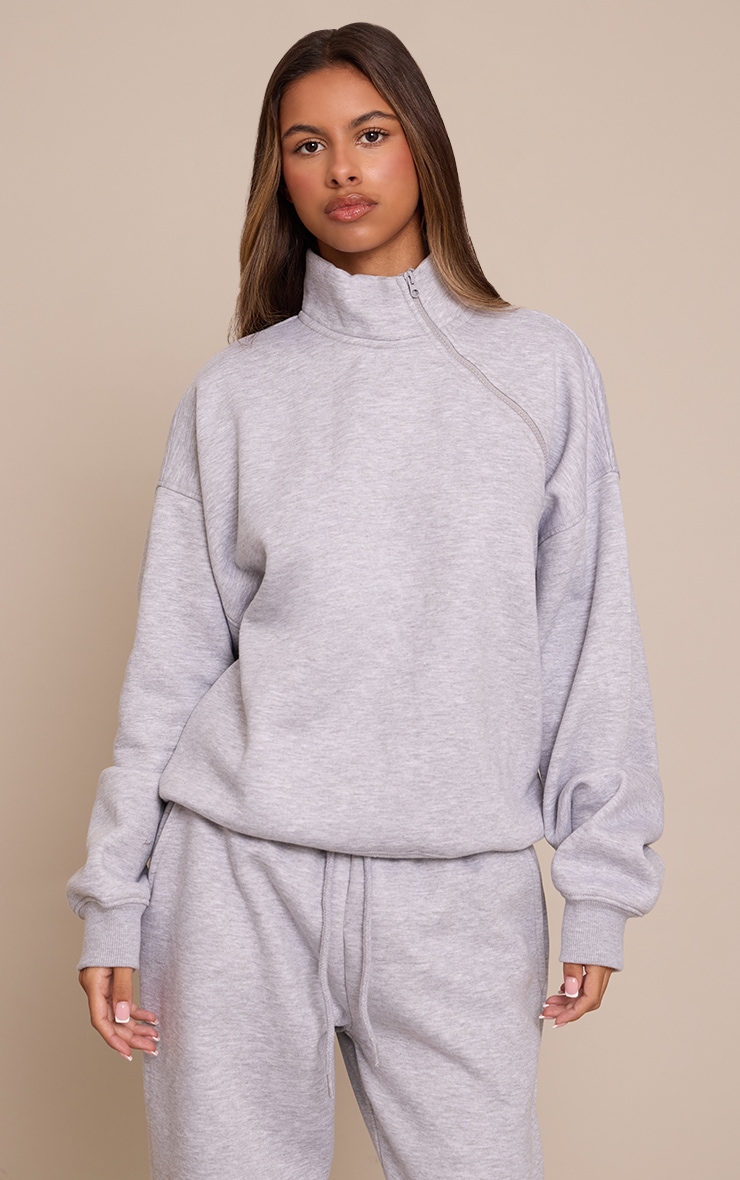 Petite Ash Grey Funnel Neck Side Zip Sweatshirt  image 1