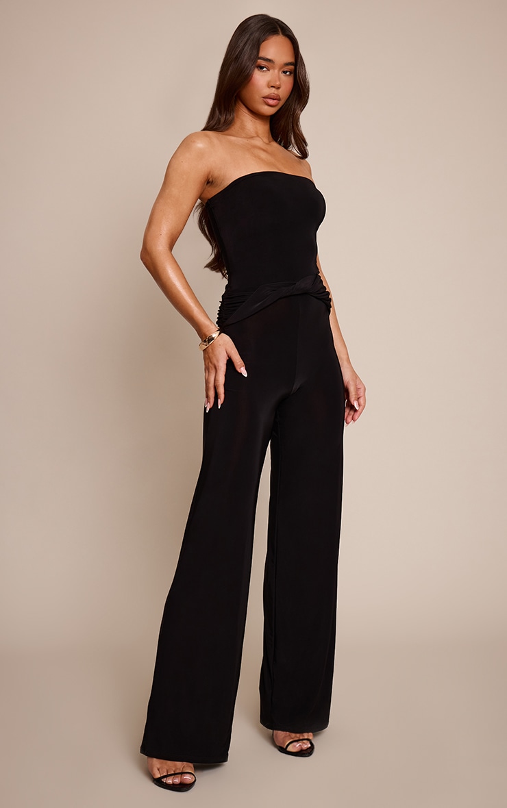 Black Slinky Bandeau Wrap Twist Straight Leg Jumpsuit image 3