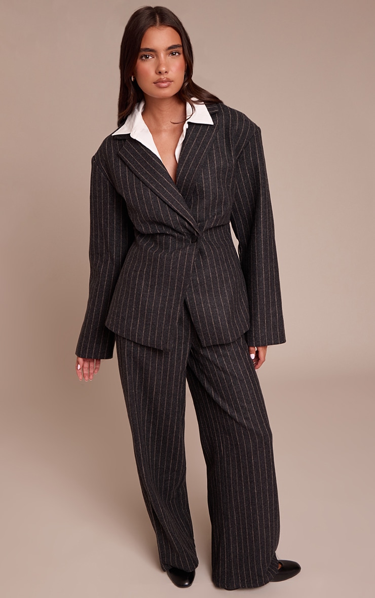 Charcoal Grey Brushed Pinstripe Cinched Waist Blazer image 3
