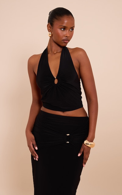 Black Gold Front Ring Detail Halterneck Top