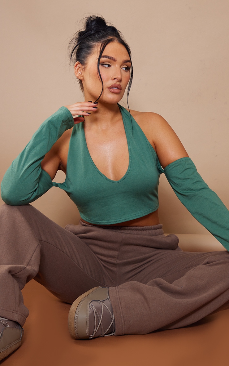 Forest Green Halter Neck Cold Shoulder Crop Top
