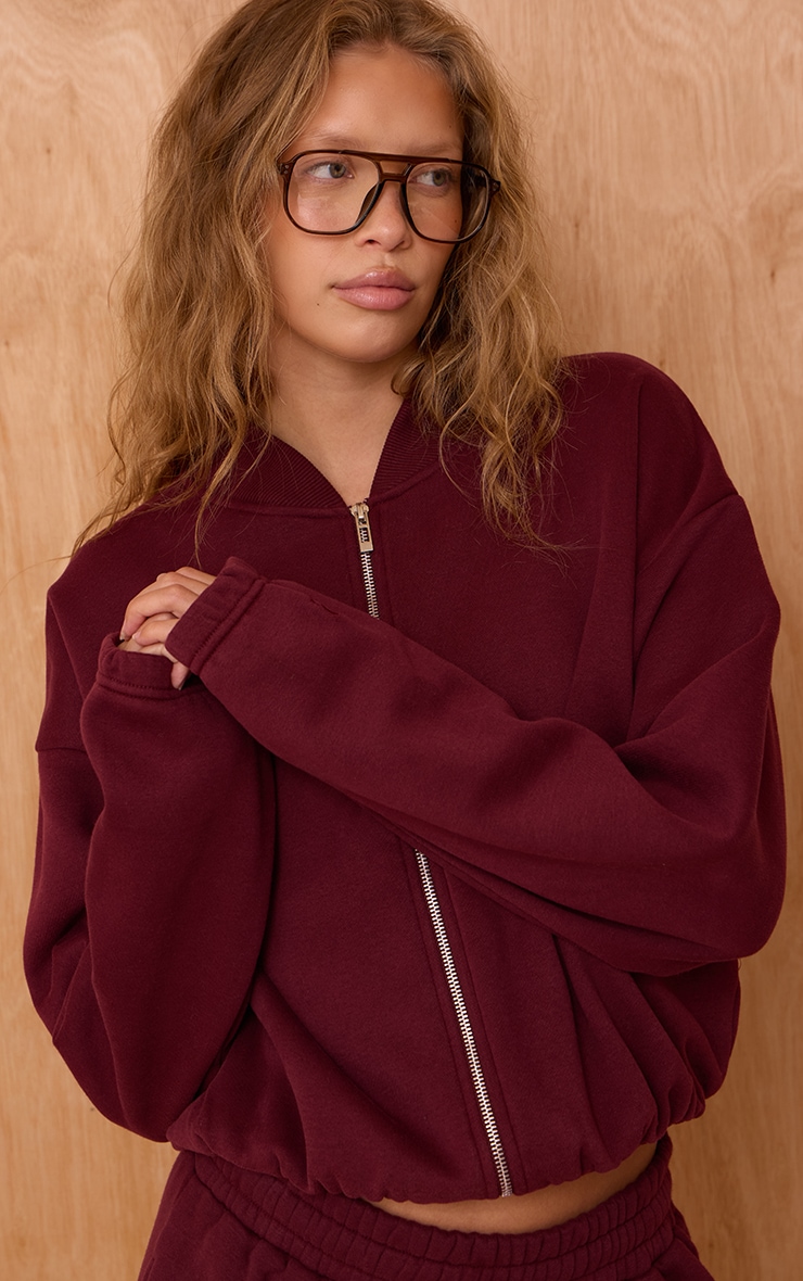 Wine Cotton Fleece Bomber Jacket image 4