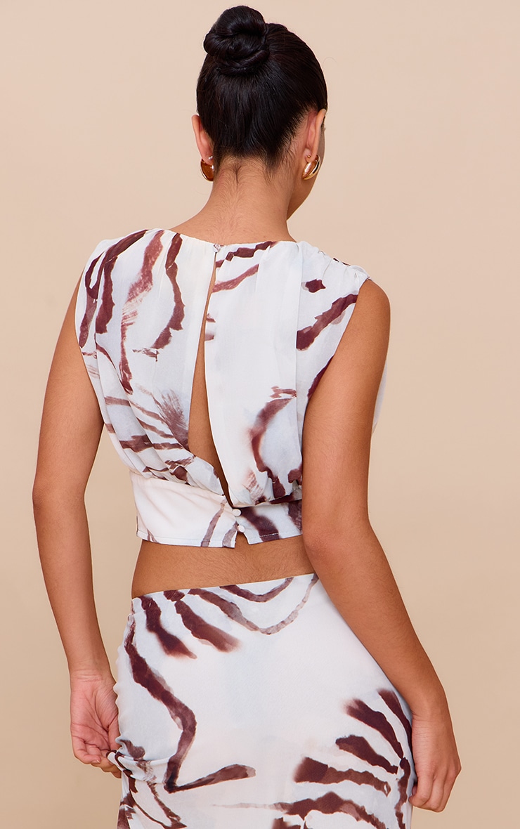 White Shell Print Chiffon Ruched Crop Top image 2