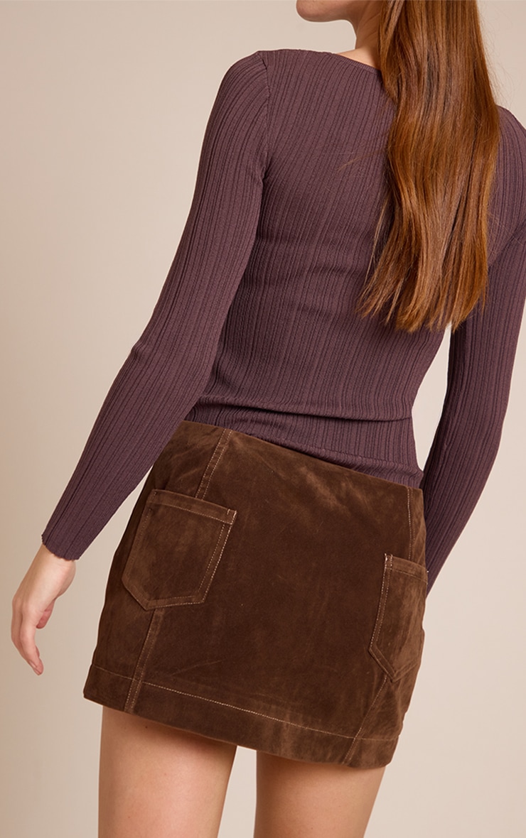 Brown Faux Suede Stitching Detail Mini Skirt image 3
