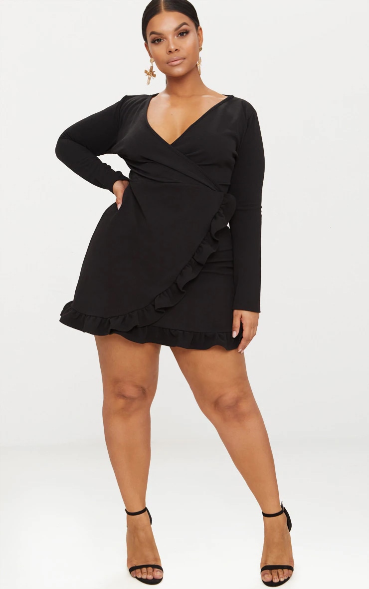 Plus Black Long Sleeve Ruffle Wrap Dress image 4