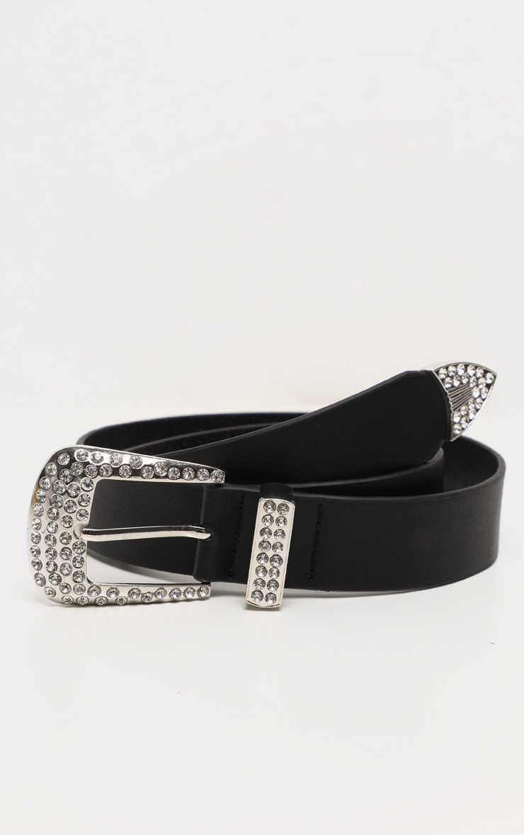 Ceinture noire en similicuir à boucle western argentée strassée