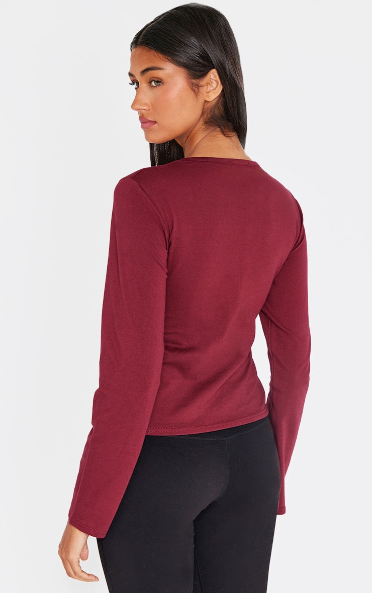 Burgundy Cotton Crew Neck Long Sleeve Fitted T Shirt image 2