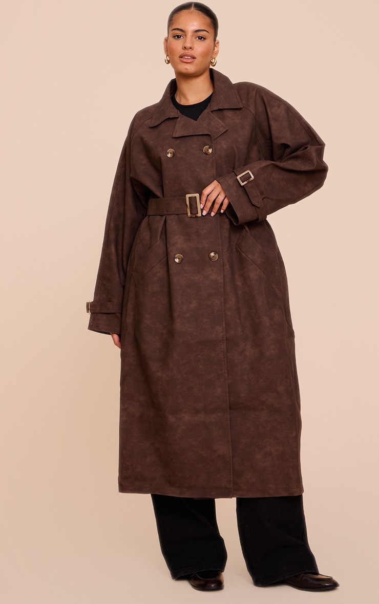 Plus Chocolate Textured Faux Leather Trench Coat image 3