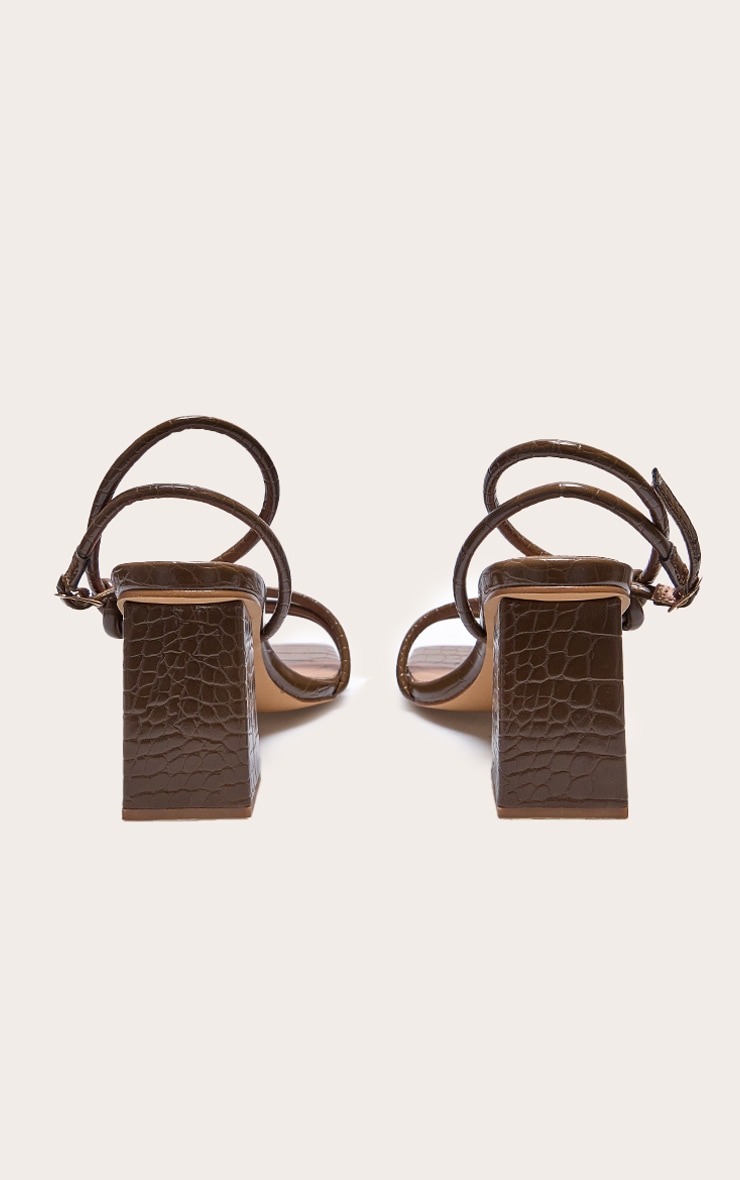 Chocolate Croc PU Square Toe Strappy Tube Asymmetric Block Heeled Sandals image 3