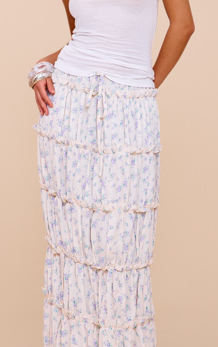 Blue Ditsy Floral Print Tiered Maxi Skirt image 4