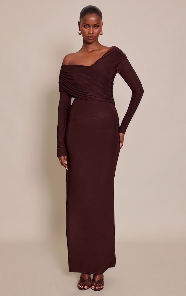 Chocolate Slinky Cross Wrap Maxi Dress