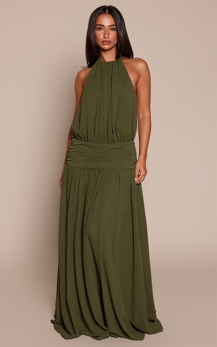 Petite Olive Wrap Waist Ruched Chiffon Flowy Maxi Dress  image 3
