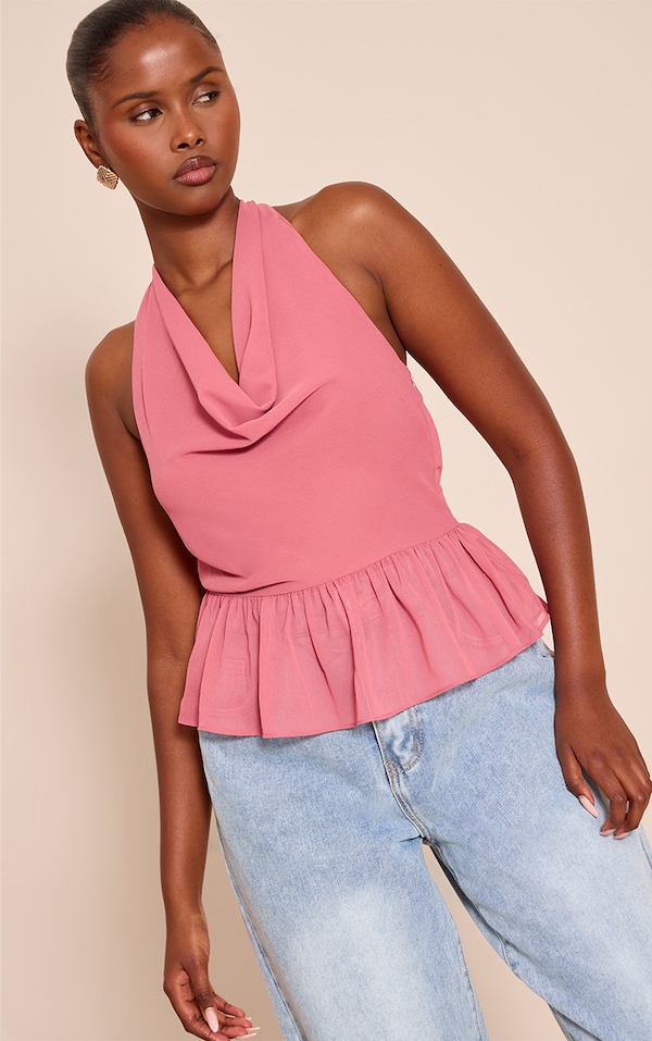 Blush Rose Chiffon Cowl Peplum Hem Halterneck Top